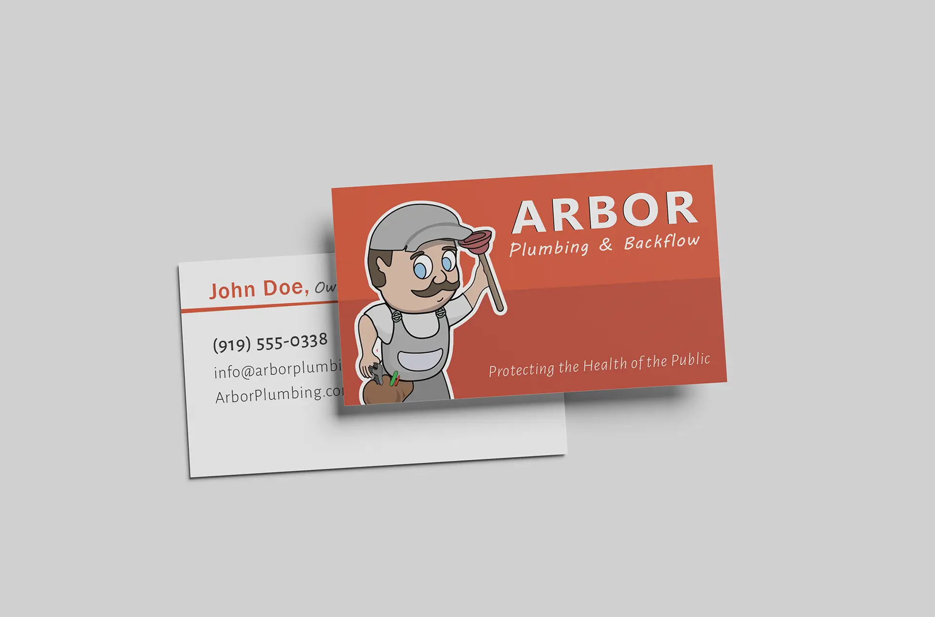 plumbing business card design for Arbor Plumbing featuring custom mascot branding
