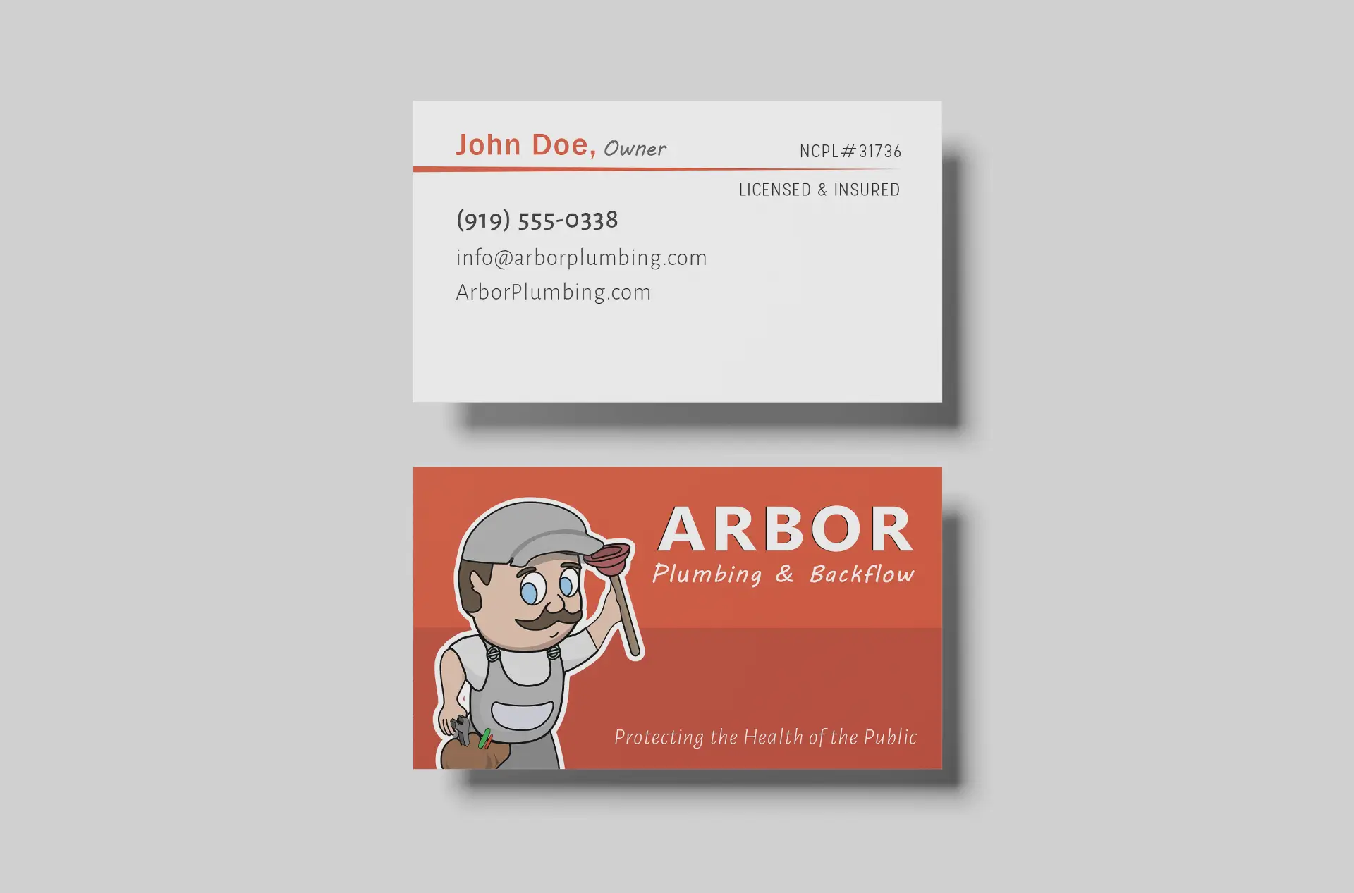 plumbing business card design for Arbor Plumbing featuring custom mascot branding