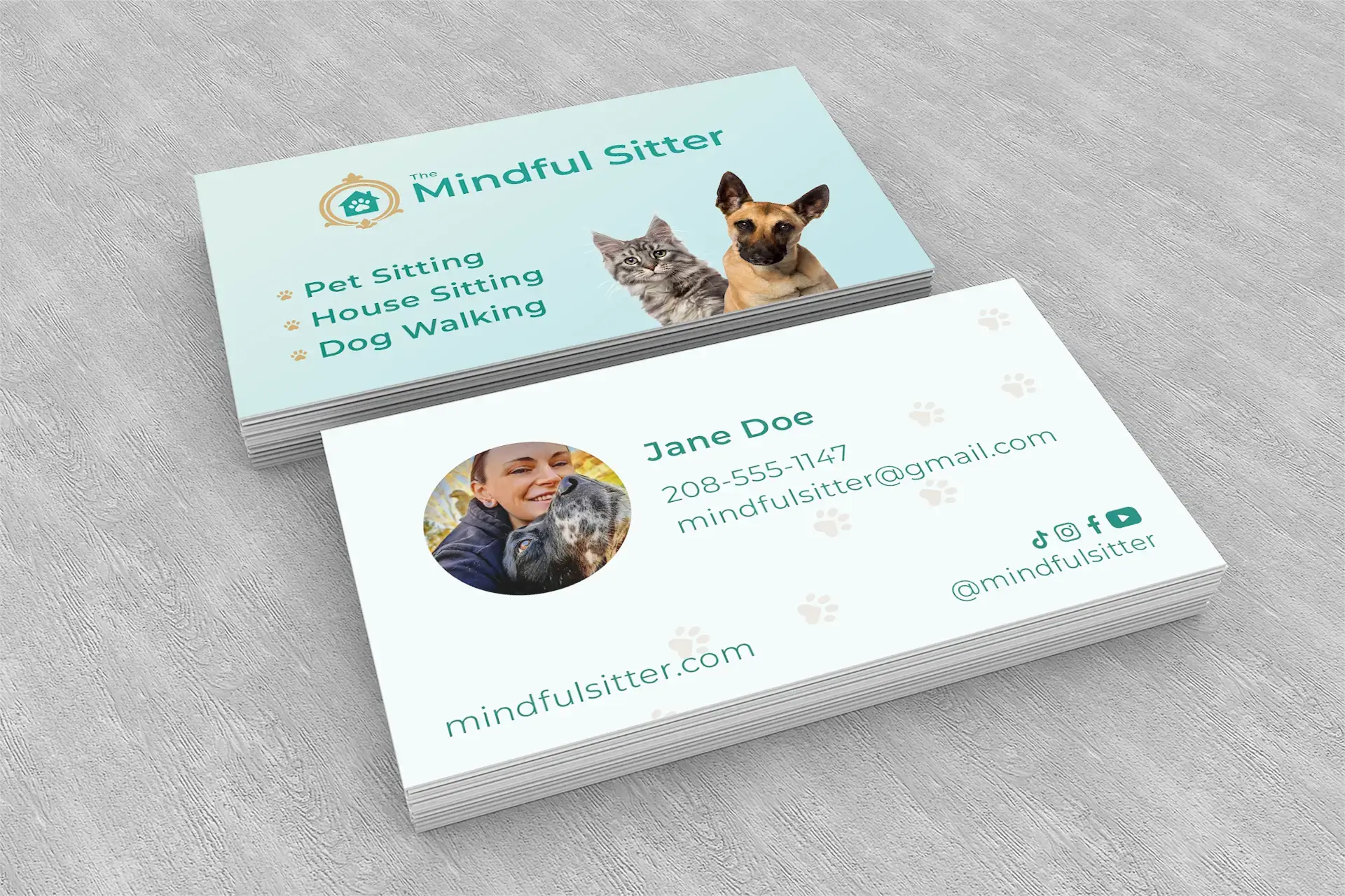 custom pet sitting business card design for The Mindful Sitter pet care brand