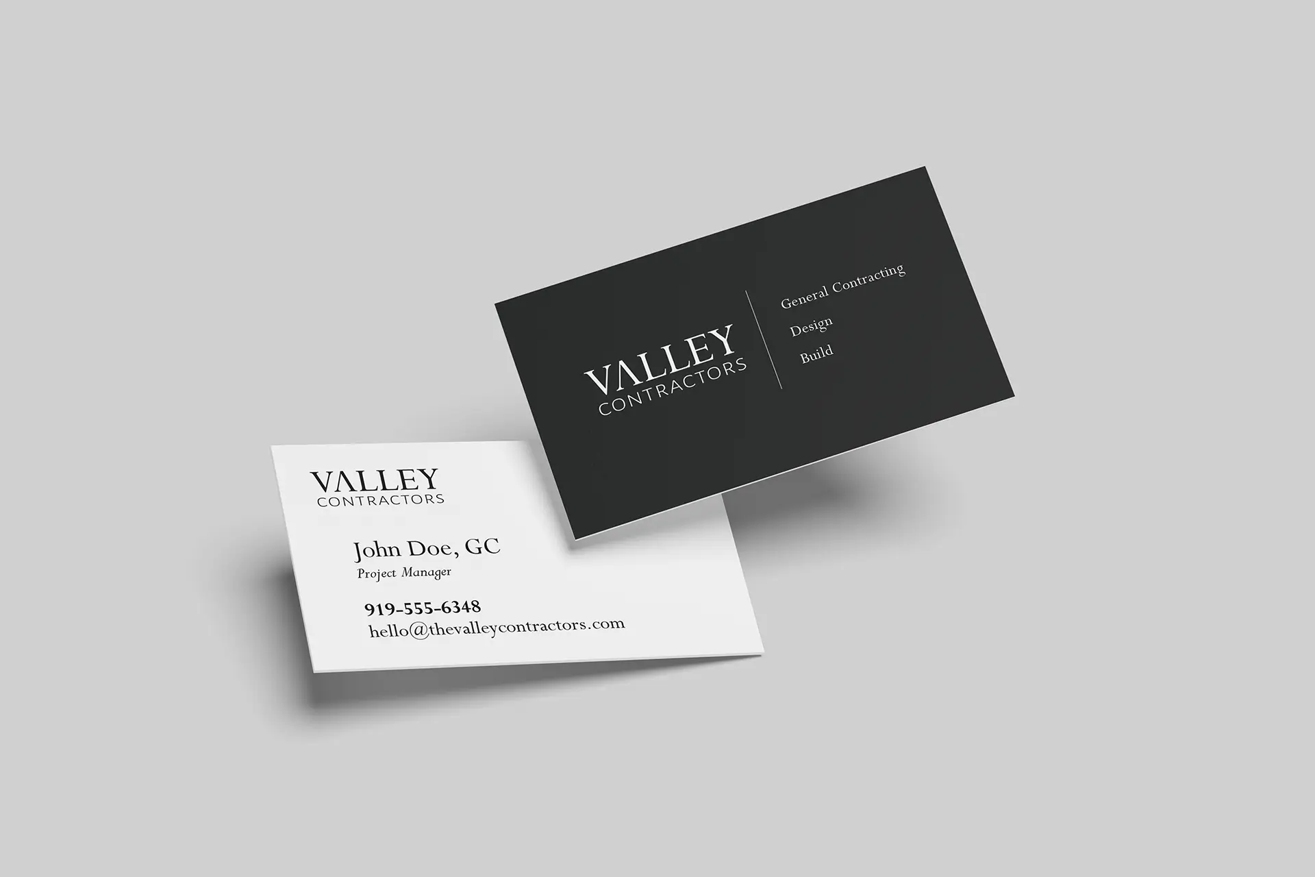 minimalist contractor business card design for Valley Contractors in black and white