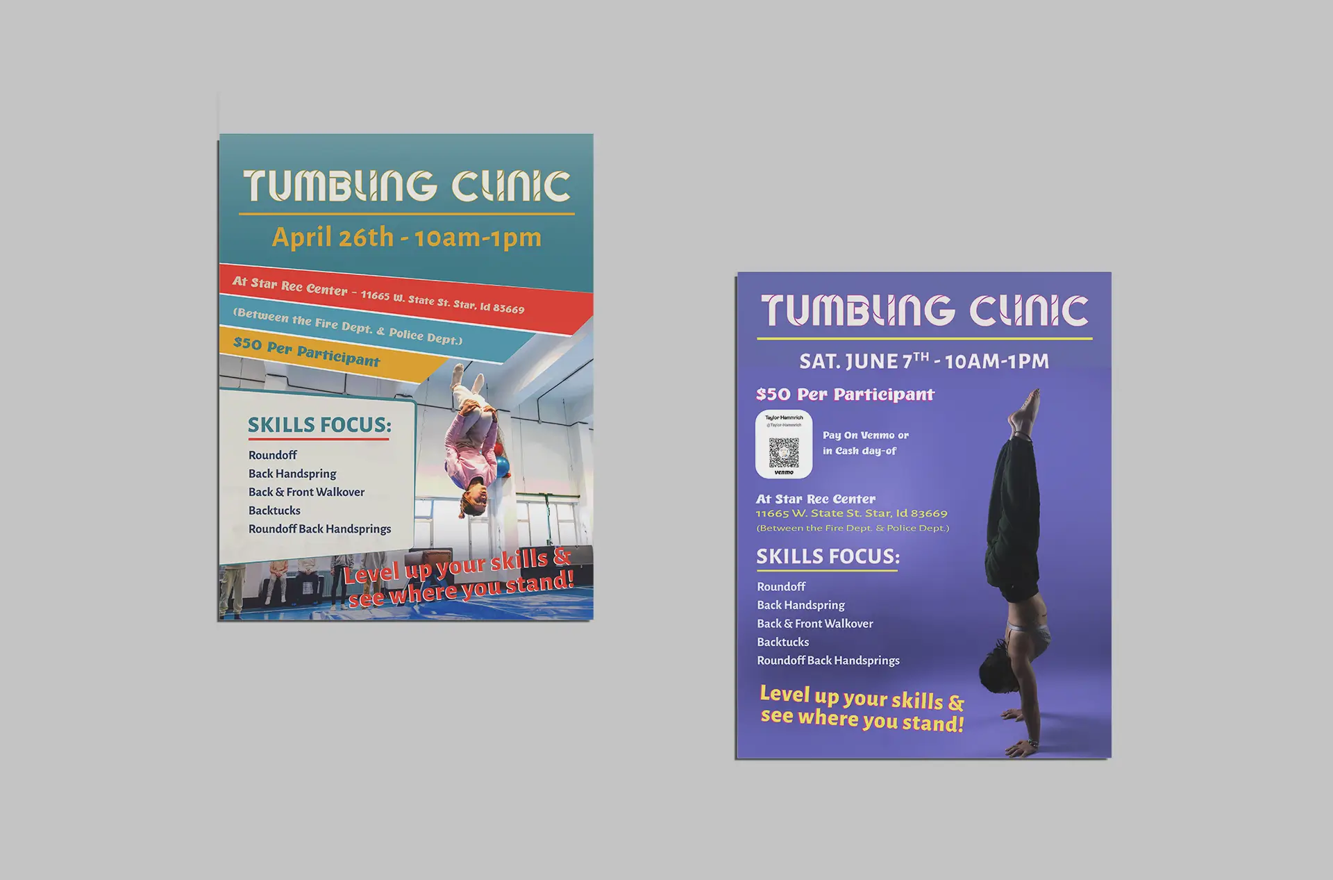 tumbling clinic flyer design for gymnastics and athlete training events