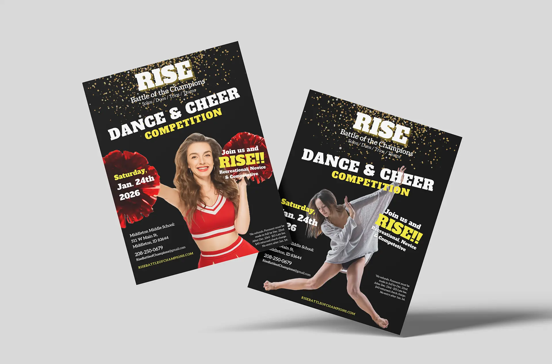 2026 dance and cheer competition flyer design for RISE Battle of the Champions